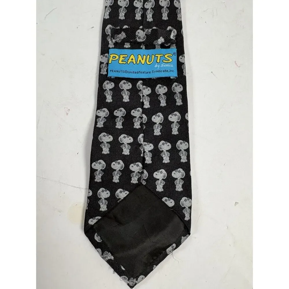 Peanuts Joe Cool Snoopy 100% Silk Necktie Black Cartoon Character Tie Mens